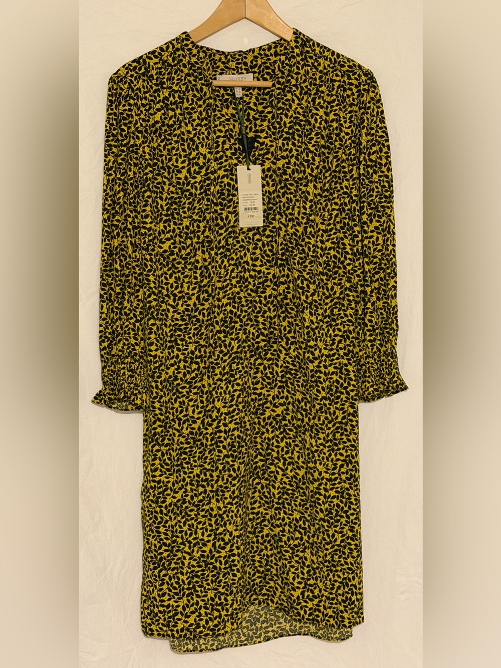 Hobbs London Tafara Tunic Dress Chartreuse Yellow Black Leaf Sprig Mini Shift
